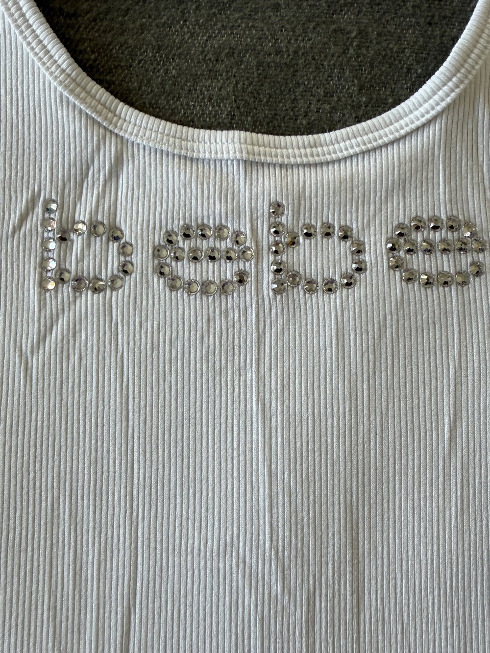 bebe White Ribbed Tank Top with Rhinestone Logo - Picture 2 of 6